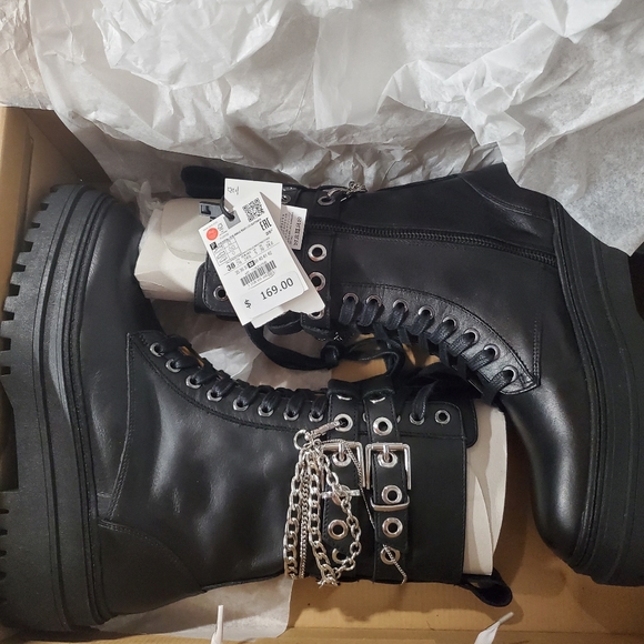 NWT Zara Low Heel Leather Combat Boots Bloggers Favorite - Picture 8 of 14
